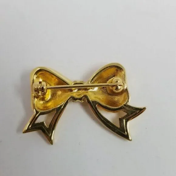 Vintage Rhinestone Encrusted Bow Shape Brooch Gold Tone Lapel Pin, Festive - Picture 3 of 6